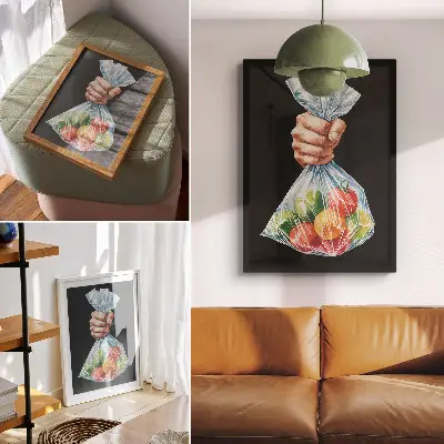 Hållbar väggposter en hand som håller en plastpåse fylld med färgglad frukt