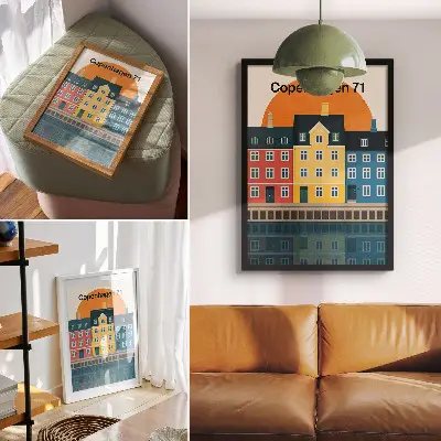 Väggaffisch färgglada hus vid vattnet i minimalistisk stil