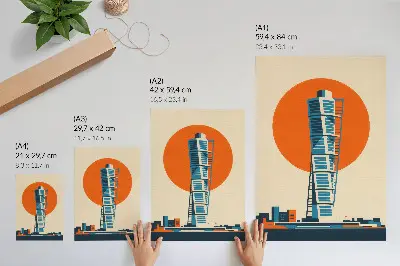 Poster orange sol över modern skyskrapa med geometriska former