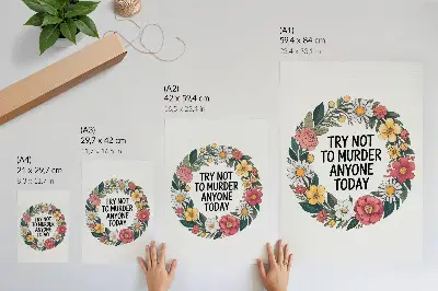 Poster med en krans av blommor och en rolig text