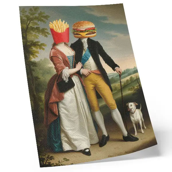 Affisch med surrealistisk scen av humoristiska huvuden, pommes frites och hamburgare