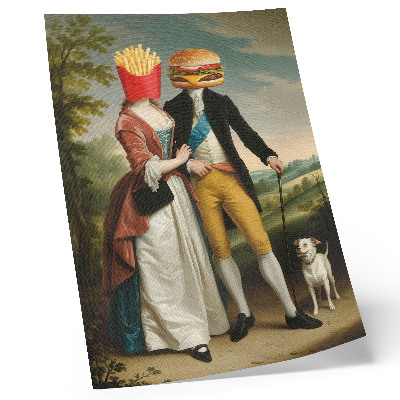 Affisch Surrealistisk scen humor huvuden pommes frites hamburgare