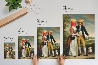 Affisch Surrealistisk scen humor huvuden pommes frites hamburgare