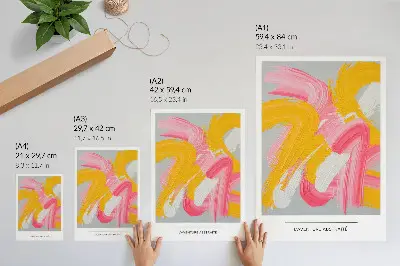 Väggaffisch med motiv av dynamiska penseldrag i rosa, gult och vitt