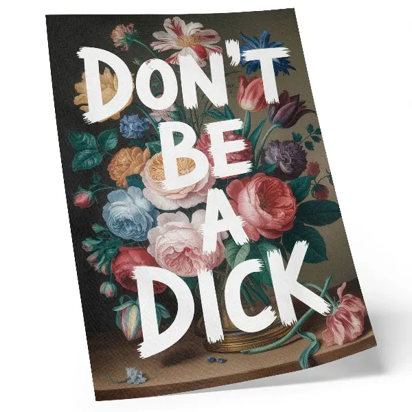 Dekorativ väggaffisch med motiv av färgglada blommor och vit text