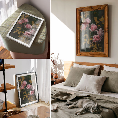 Poster Rosa rosor gröna blad guld accenter elegans