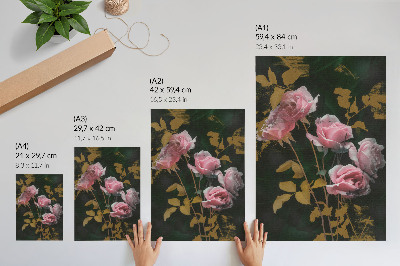 Poster Rosa rosor gröna blad guld accenter elegans
