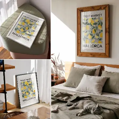 Hållbar väggposter citrongröna blad på blå bakgrund utan prickar