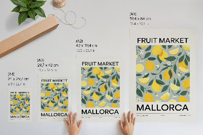 Hållbar väggposter Citrongröna blad blå bakgrund utan prickar