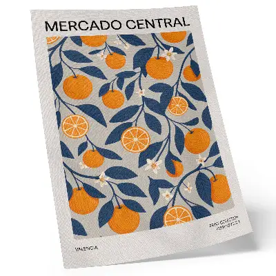 Dekorativ väggaffisch med motiv av mörka löv mot en orange och grå bakgrund i modern stil