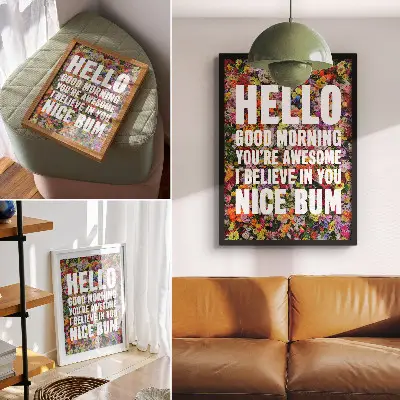 Hållbar väggposter med motiv av färgglada blommor och modern vit typografi