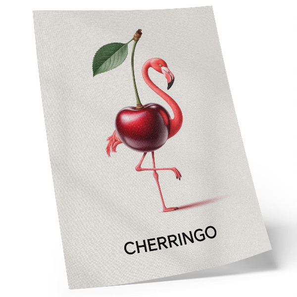 Poster Rosa och röd flamingo med körsbär - fantasykomposition