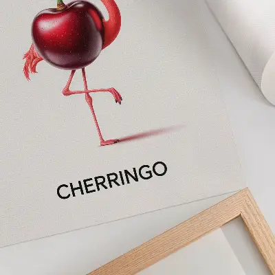 Poster rosa och röd flamingo med körsbär föreställande en fantasykomposition