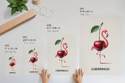 Poster Rosa och röd flamingo med körsbär - fantasykomposition