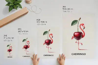 Poster rosa och röd flamingo med körsbär föreställande en fantasykomposition