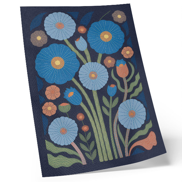 Hållbar väggposter Blå blommor, orange accenter, marinblå bakgrund