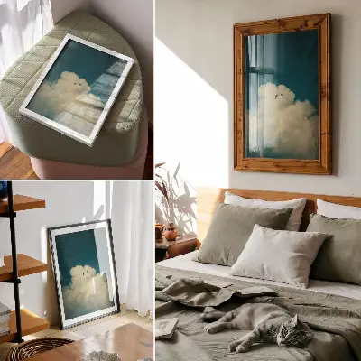 Poster vita moln med två fåglar på en turkos himmel