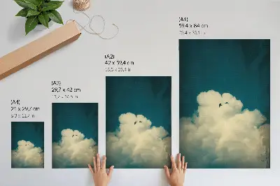 Poster vita moln med två fåglar på en turkos himmel