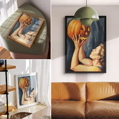 Hållbar väggposter orange pumpa på mörkblå bakgrund med surrealistiskt motiv