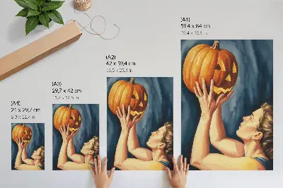 Hållbar väggposter orange pumpa på mörkblå bakgrund med surrealistiskt motiv