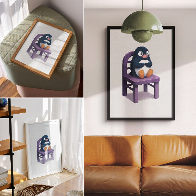 Poster Lila pingvin på en stol Glädje Minimalism