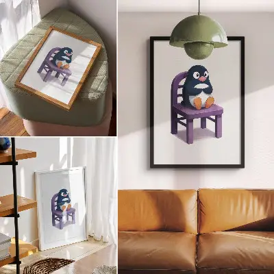 Poster lila pingvin på en stol i minimalistisk stil som sprider glädje