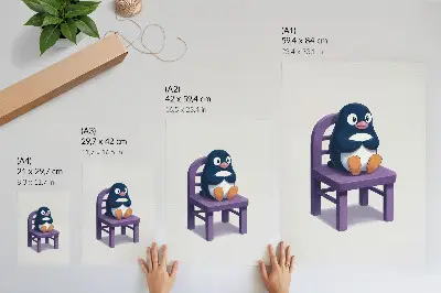 Poster lila pingvin på en stol i minimalistisk stil som sprider glädje