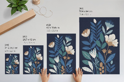 Dekorativ väggaffisch Blå blad, krämfärgade blommor, bruna accenter