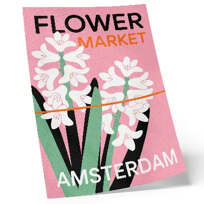 Poster vita blommor med rosa bokstäver och grön kontrast
