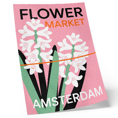 Poster Vita blommor, rosa bokstäver, grön kontrast