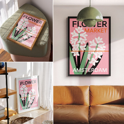 Poster Vita blommor, rosa bokstäver, grön kontrast