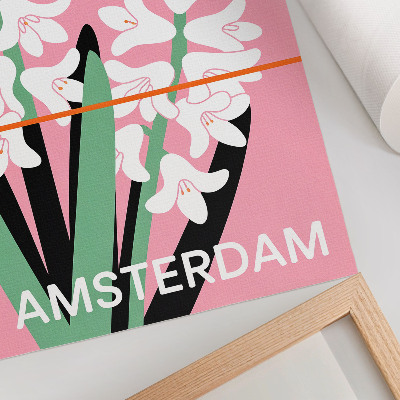 Poster Vita blommor, rosa bokstäver, grön kontrast