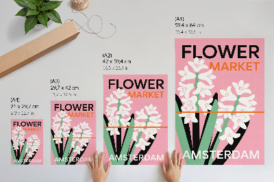 Poster Vita blommor, rosa bokstäver, grön kontrast