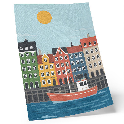 Hållbar väggposter Färgglada hyreshus båt på vattnet ljus dag