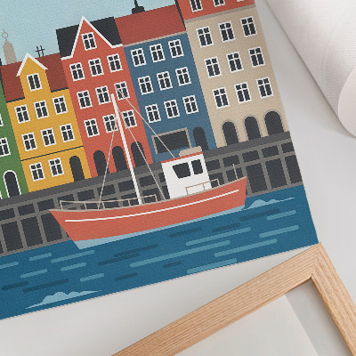 Hållbar väggposter Färgglada hyreshus båt på vattnet ljus dag