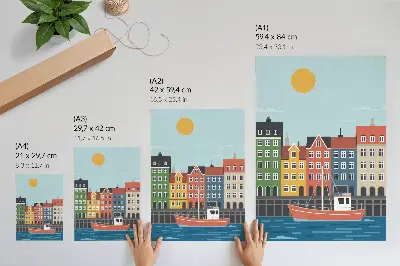 Hållbar väggposter färgglada hyreshus med båt på vattnet i dagsljus