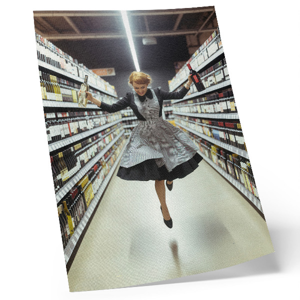 Poster En kvinna i retroklänning hoppar in i en butik