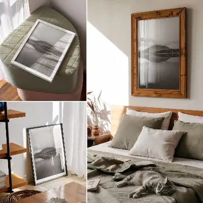 Hållbar väggposter med motiv av berg och sjö i gråa nyanser