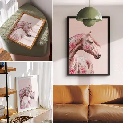 Hållbar väggposter häst motiv med blommor i romantisk och modern stil