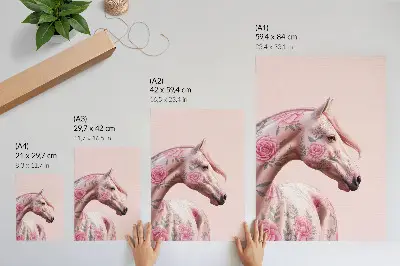 Hållbar väggposter häst motiv med blommor i romantisk och modern stil