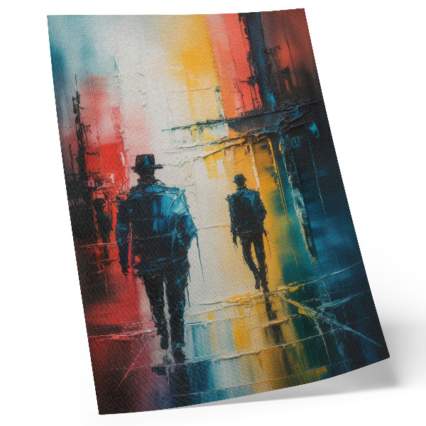Poster En färgglad stadsbild med mystiska figurer