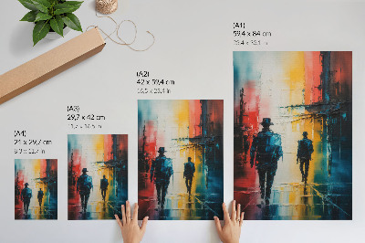 Poster En färgglad stadsbild med mystiska figurer