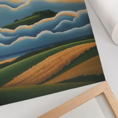 Poster vågor, gröna kullar och pastellfärgad himmel