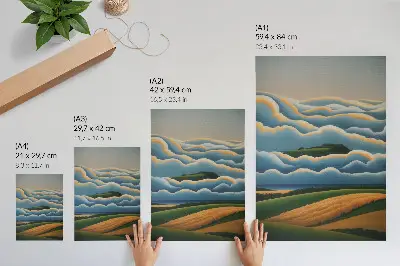 Poster vågor, gröna kullar och pastellfärgad himmel