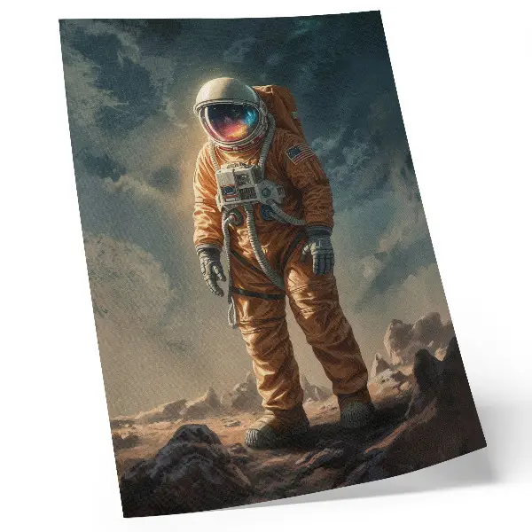 Affisch astronaut på en främmande planet med natthimmel