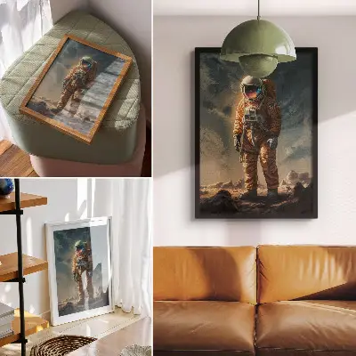 Affisch astronaut på en främmande planet med natthimmel
