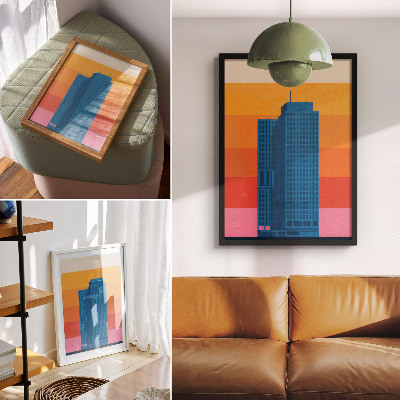 Hållbar väggposter Modern byggnad orange och rosa bakgrund