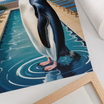 Väggposter pingviner vid pool och palmer