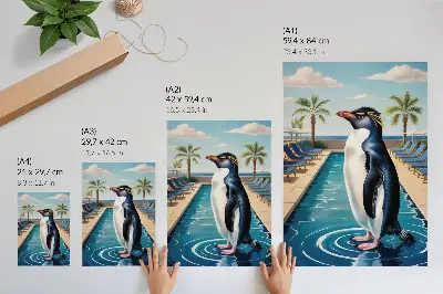 Väggposter pingviner vid pool och palmer