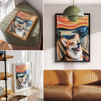 Dekorativ väggaffisch med motiv av en söt hund i dynamiska färger och djärva kontraster